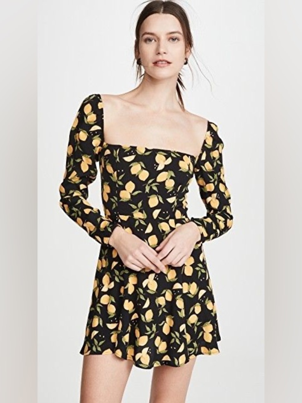 Reformation Black Lemon-Print Square Neck Long Sleeve Dress